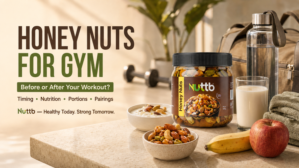 Nuttb Honey Nuts jar with fruit, milk, curd and home gym equipment in morning light