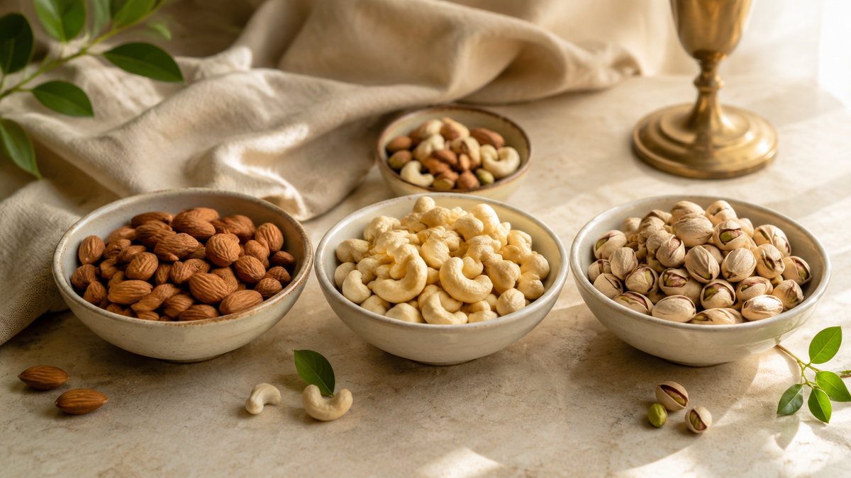 Bowls of almonds, cashews and pistachios on a warm ivory table