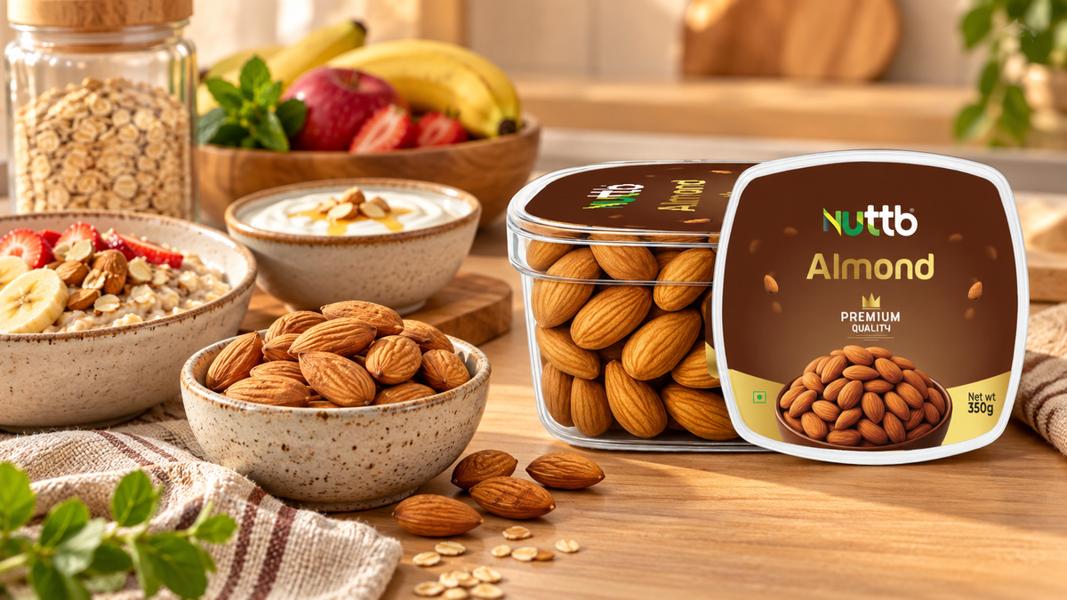 Nuttb Premium Almonds 350g with whole almonds, curd, oats and fruit