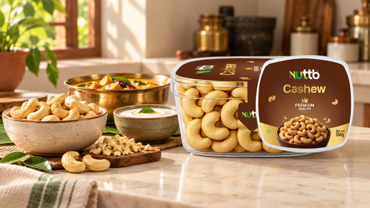 Nuttb Premium Cashews 350g with whole cashews, curd and an Indian curry