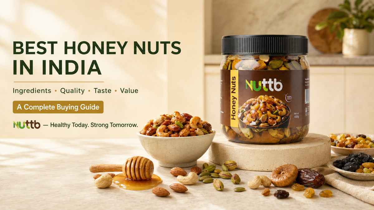 Nuttb Honey Nuts jar with mixed nuts and honey for an Indian buying guide