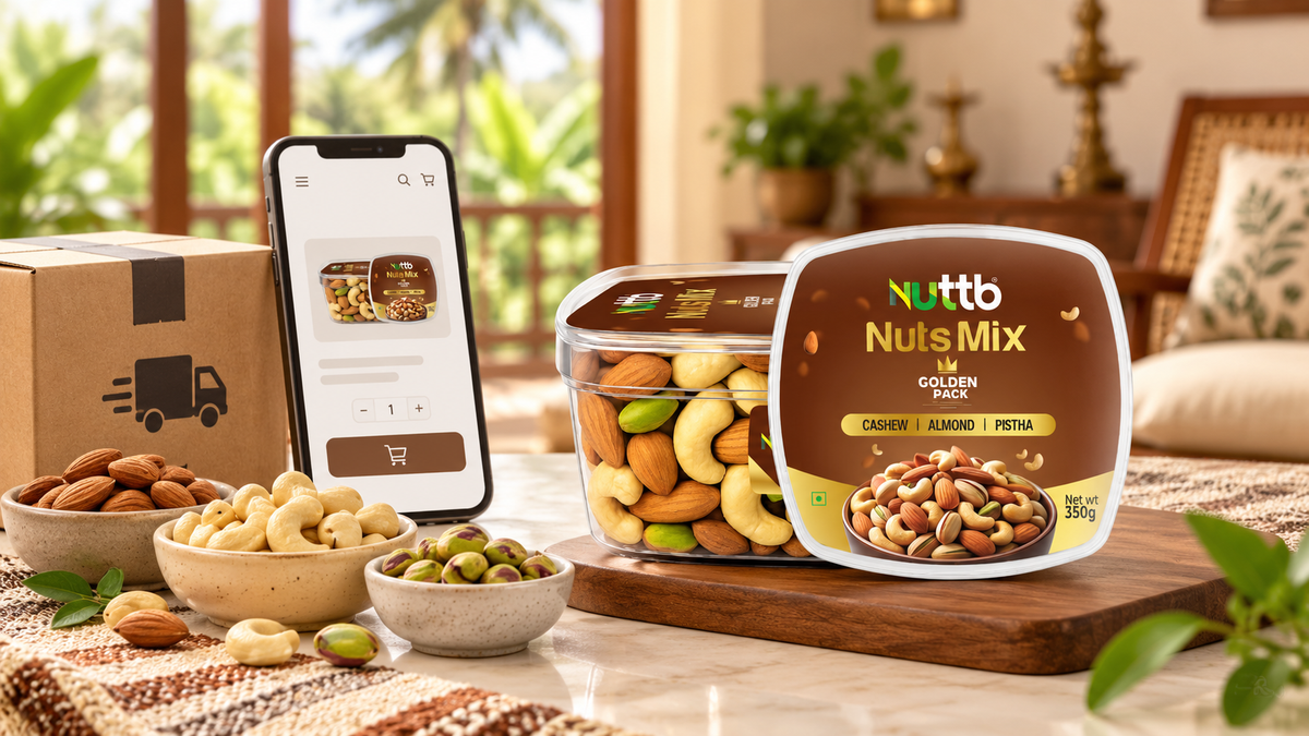 Nuttb Golden Pack 350g with almonds, cashews, pistachios, a shopping screen and delivery box