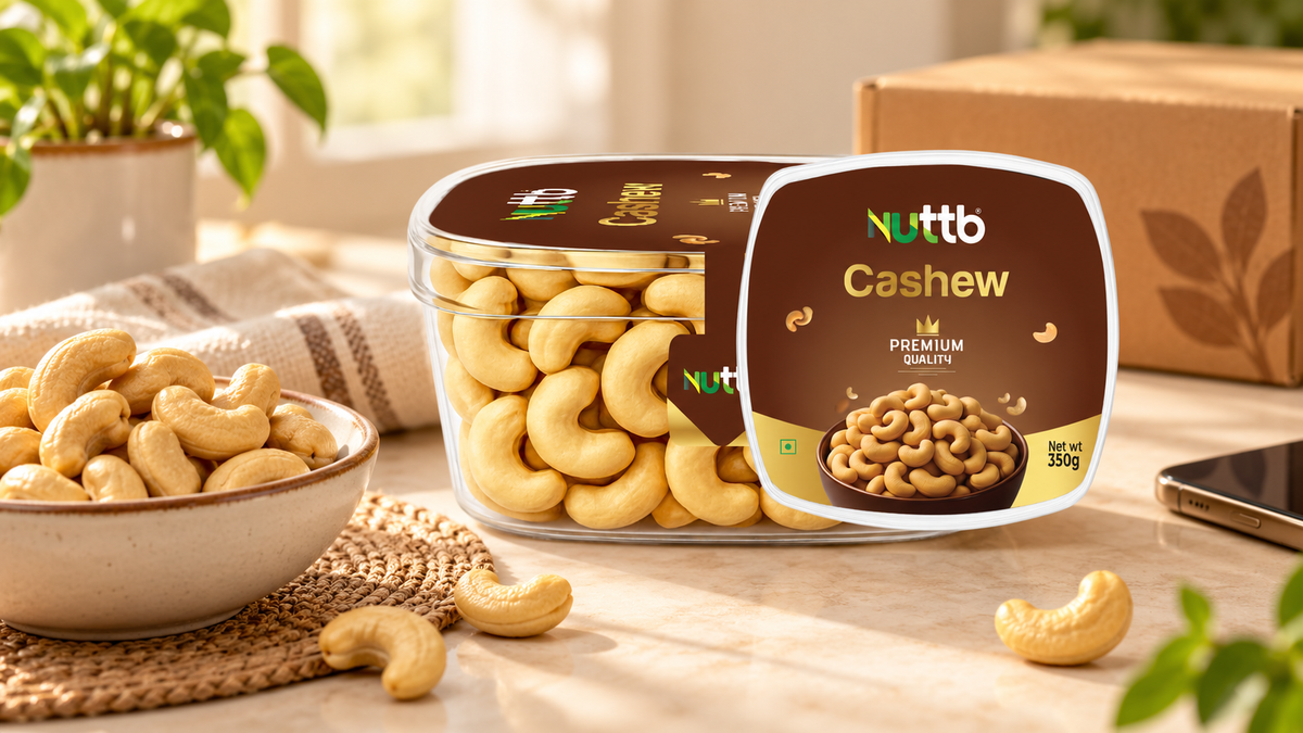 Nuttb Premium Cashews 350g beside a bowl of whole cashews and an online delivery box