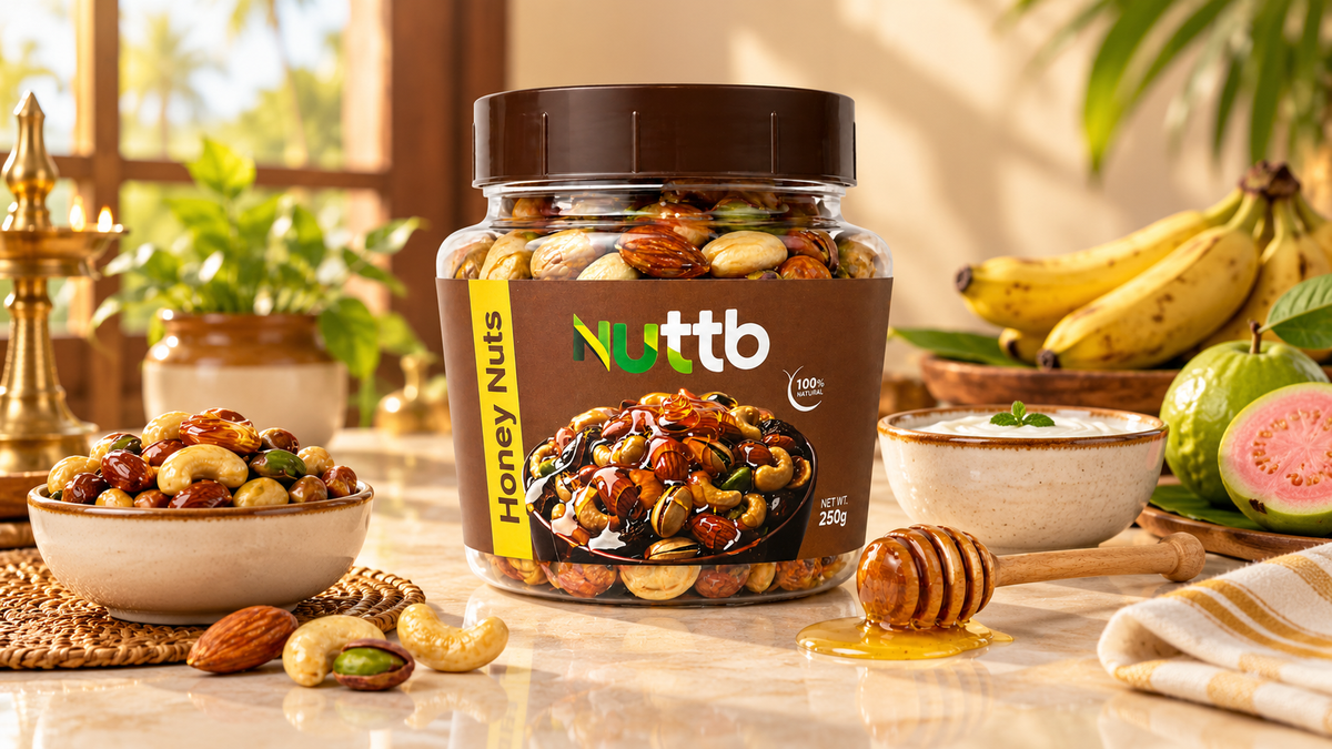 Nuttb Honey Nuts 250g with curd, banana and guava on a Kerala breakfast table