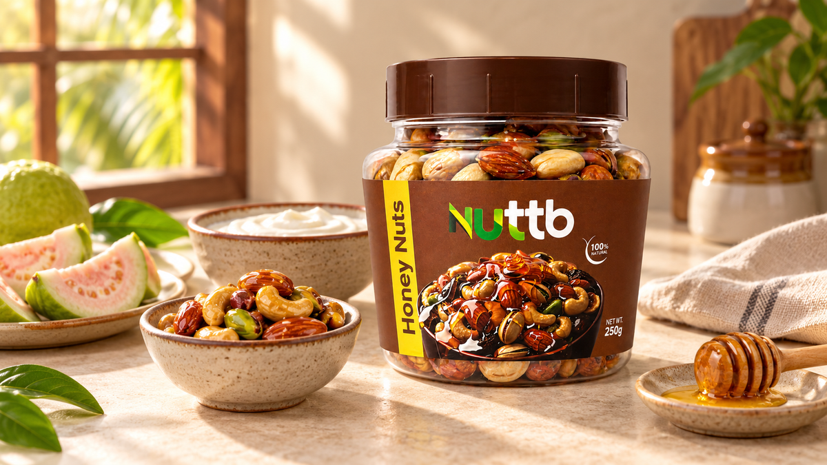 Nuttb Honey Nuts 250g with a measured serving, curd and guava