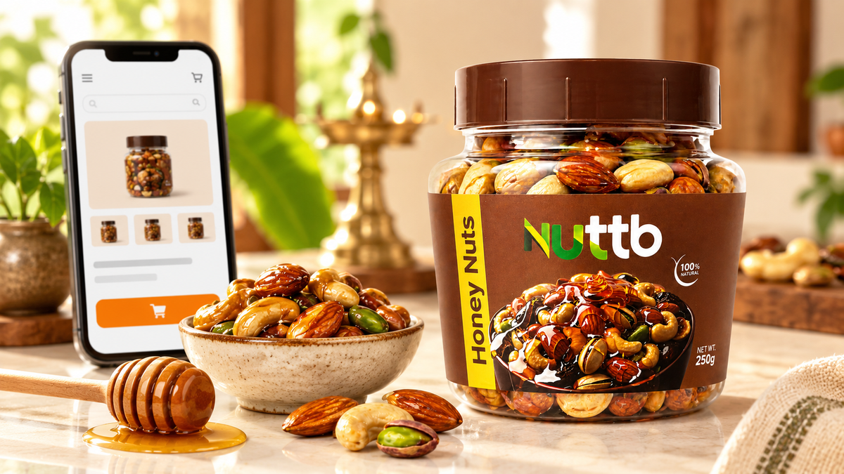 Nuttb Honey Nuts 250g with an online shopping screen and honey-coated mixed nuts
