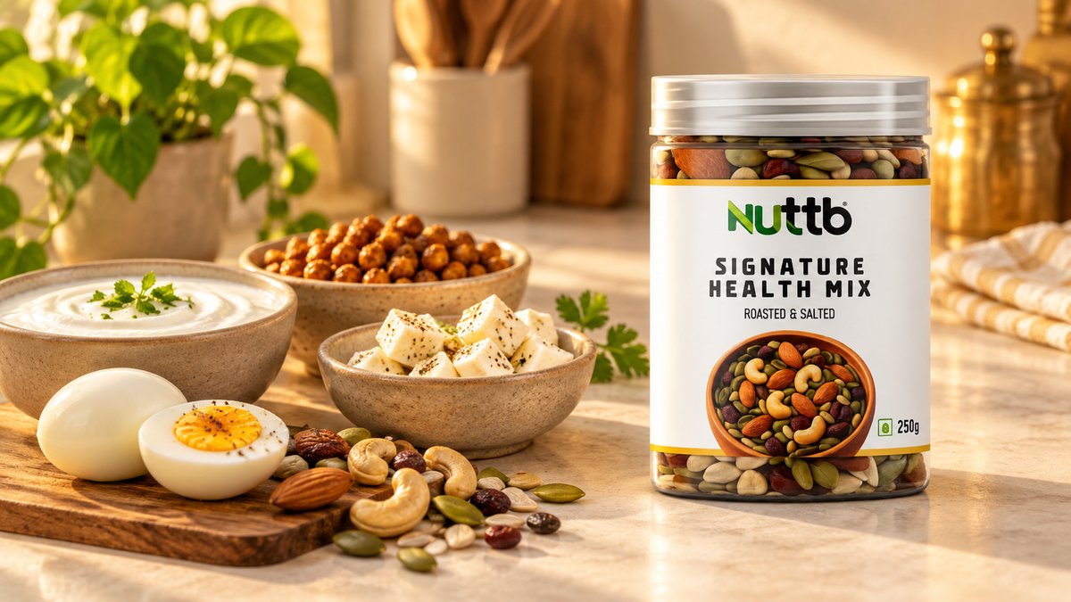 Nuttb Signature Health Mix 250g with curd, roasted chickpeas, paneer and boiled egg