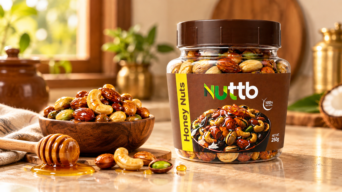 Nuttb Honey Nuts 250g with honey-coated mixed nuts and a wooden honey dipper