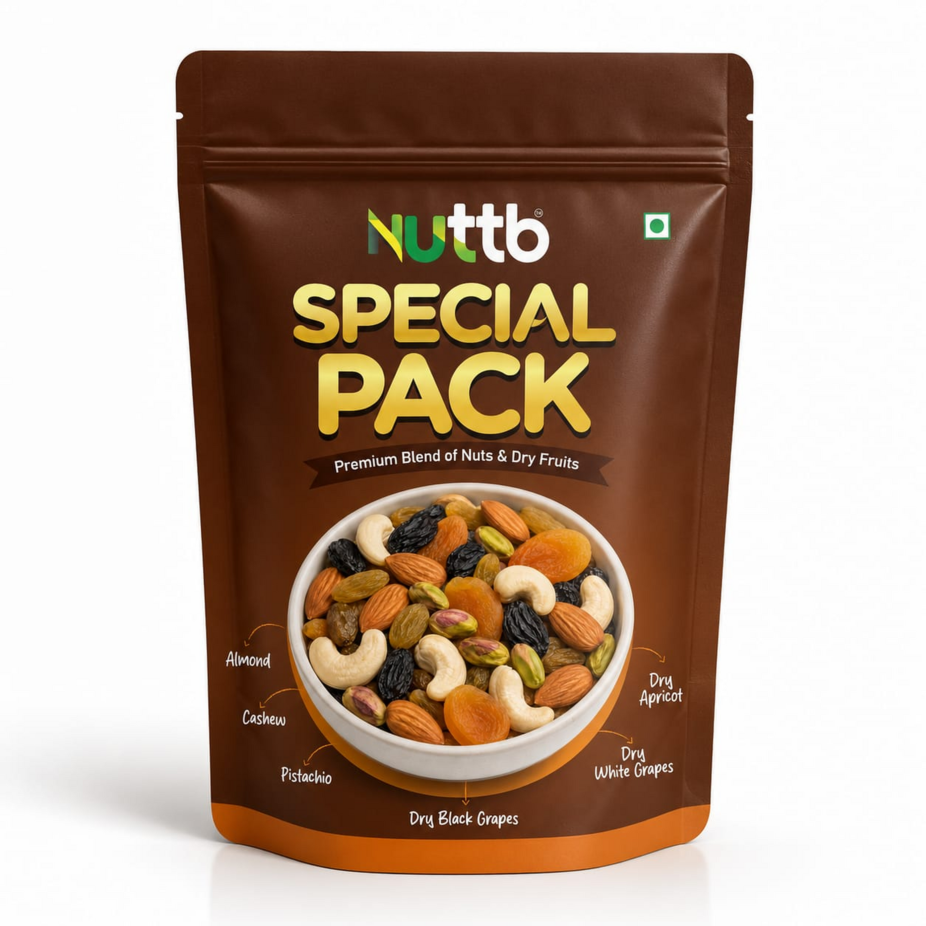 Nuttb Special Pack Premium Mixed Nuts and Dry Fruits, Cashews, Almonds, Pistachios, Black Raisins, Golden Raisins and Dried Apricots, No Added Sugar, Resealable Pouch, 200g