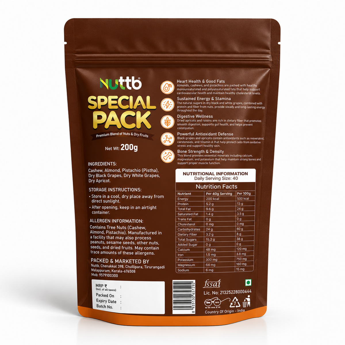 Nuttb Special Pack Premium Mixed Nuts and Dry Fruits, Cashews, Almonds, Pistachios, Black Raisins, Golden Raisins and Dried Apricots, No Added Sugar, Resealable Pouch, 200g