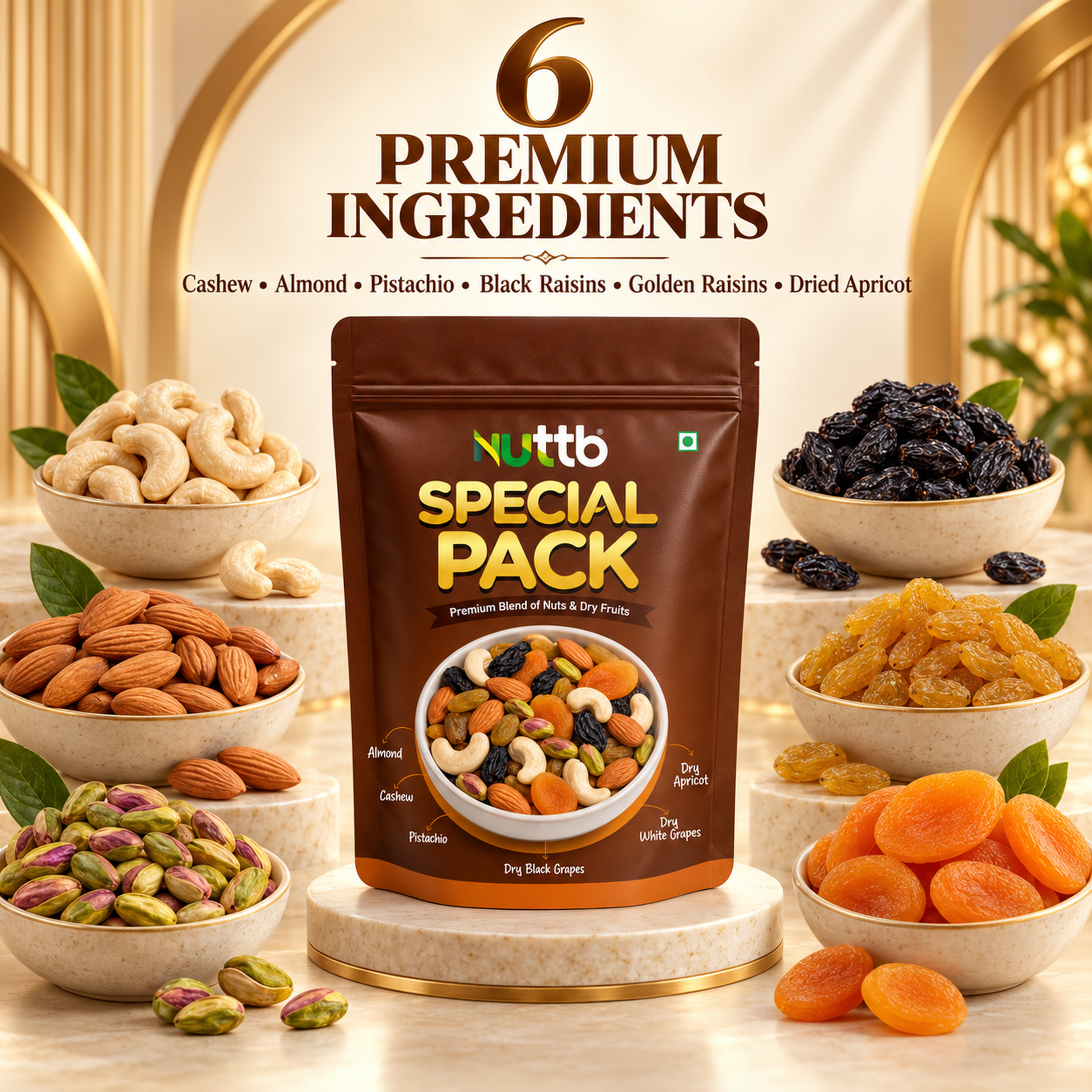 Nuttb Special Pack Premium Mixed Nuts and Dry Fruits, Cashews, Almonds, Pistachios, Black Raisins, Golden Raisins and Dried Apricots, No Added Sugar, Resealable Pouch, 200g