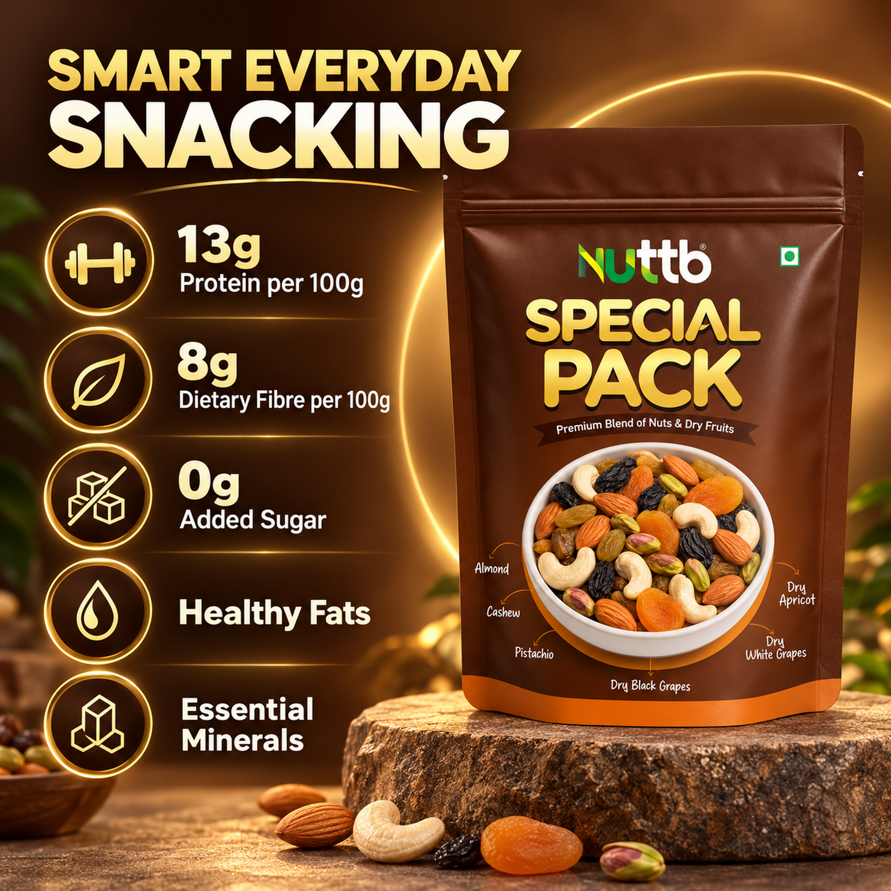 Nuttb Special Pack Premium Mixed Nuts and Dry Fruits, Cashews, Almonds, Pistachios, Black Raisins, Golden Raisins and Dried Apricots, No Added Sugar, Resealable Pouch, 200g