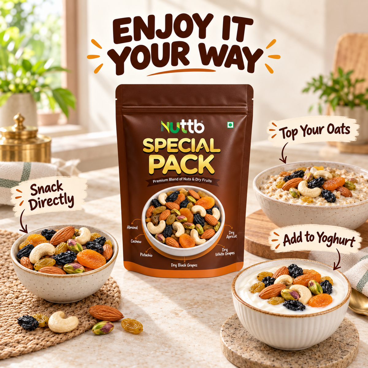 Nuttb Special Pack Premium Mixed Nuts and Dry Fruits, Cashews, Almonds, Pistachios, Black Raisins, Golden Raisins and Dried Apricots, No Added Sugar, Resealable Pouch, 200g