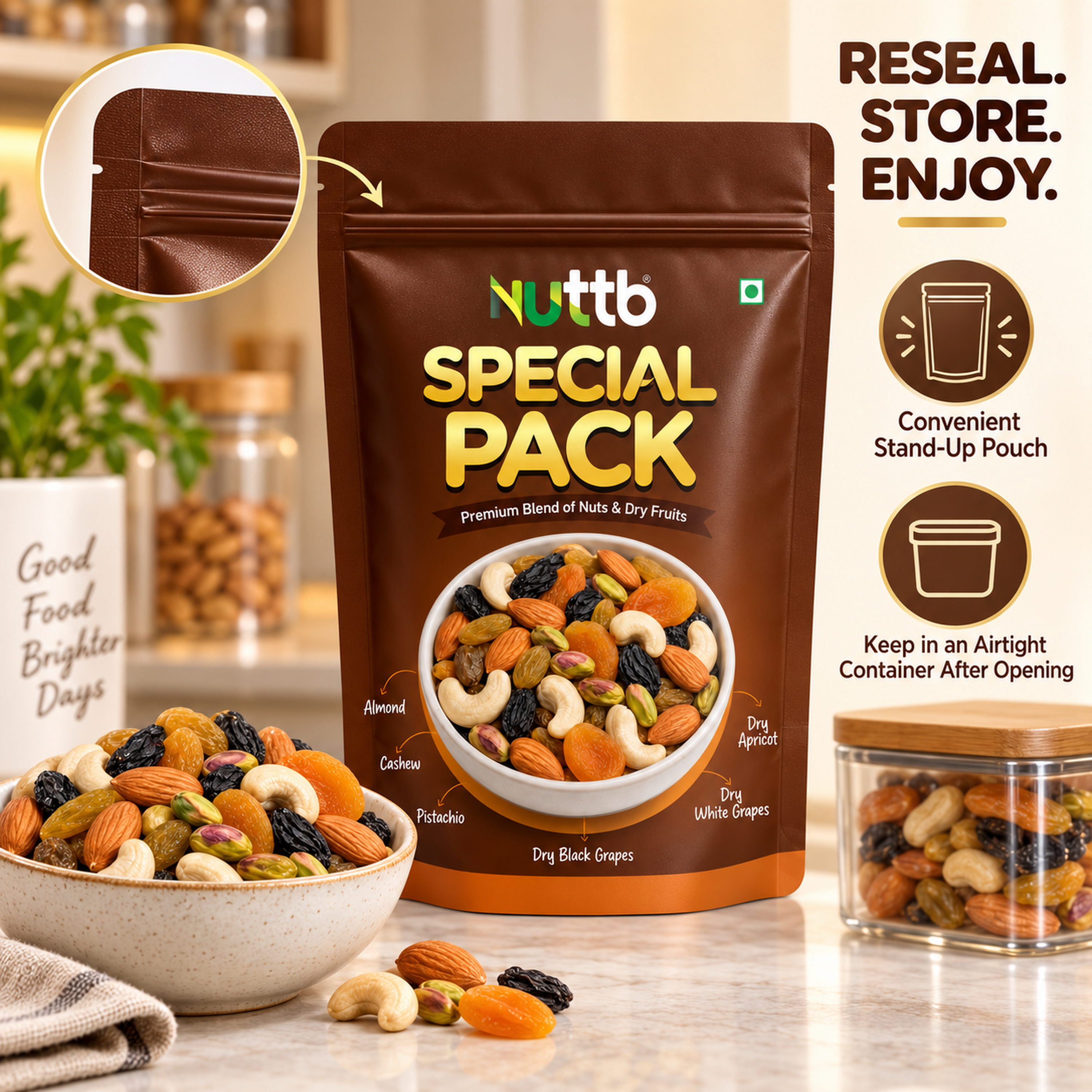 Nuttb Special Pack Premium Mixed Nuts and Dry Fruits, Cashews, Almonds, Pistachios, Black Raisins, Golden Raisins and Dried Apricots, No Added Sugar, Resealable Pouch, 200g
