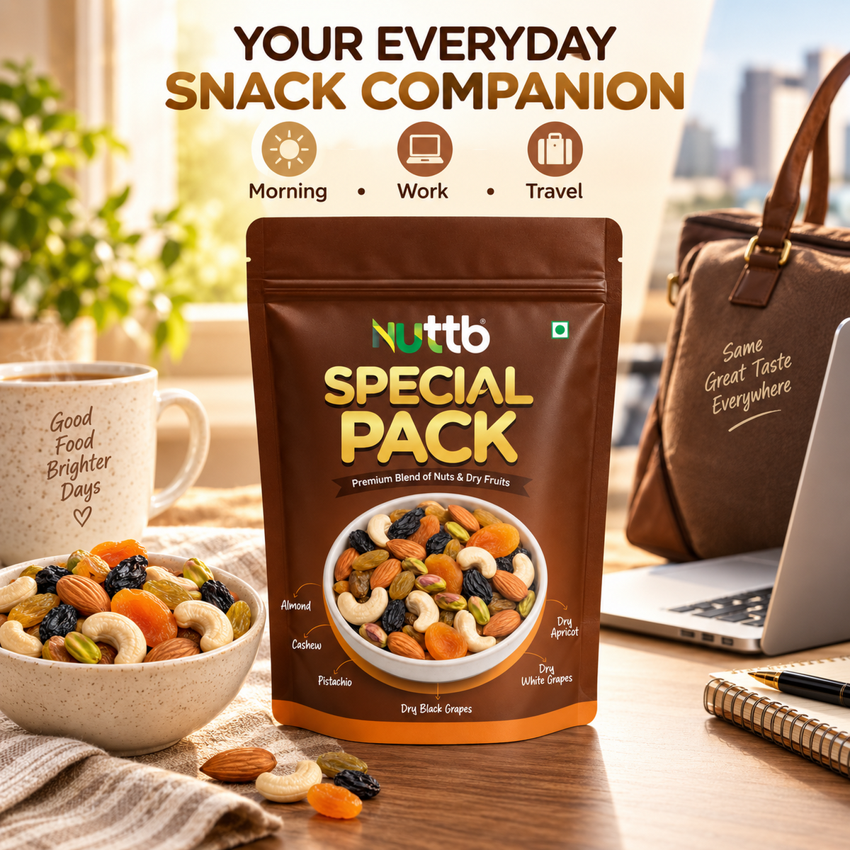 Nuttb Special Pack Premium Mixed Nuts and Dry Fruits, Cashews, Almonds, Pistachios, Black Raisins, Golden Raisins and Dried Apricots, No Added Sugar, Resealable Pouch, 200g