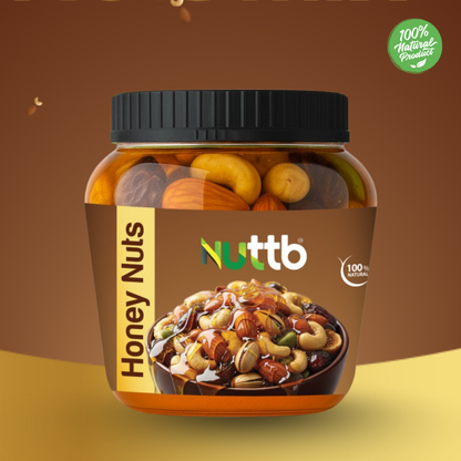 Jar of Nuttb Honey Nuts on a gradient background