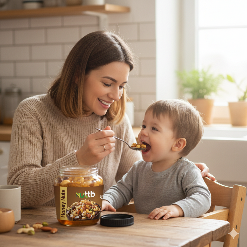 Woman feeding a child with a jar of Nutt honey nuts on a kitchen counter.