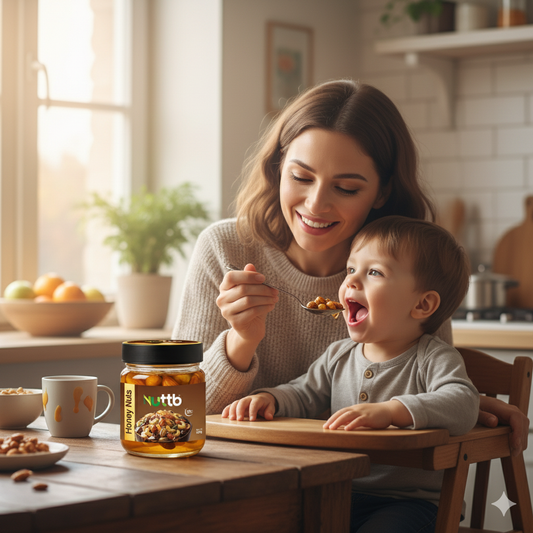 Woman feeding a child at a kitchen table with a jar of Nutt in the foreground.