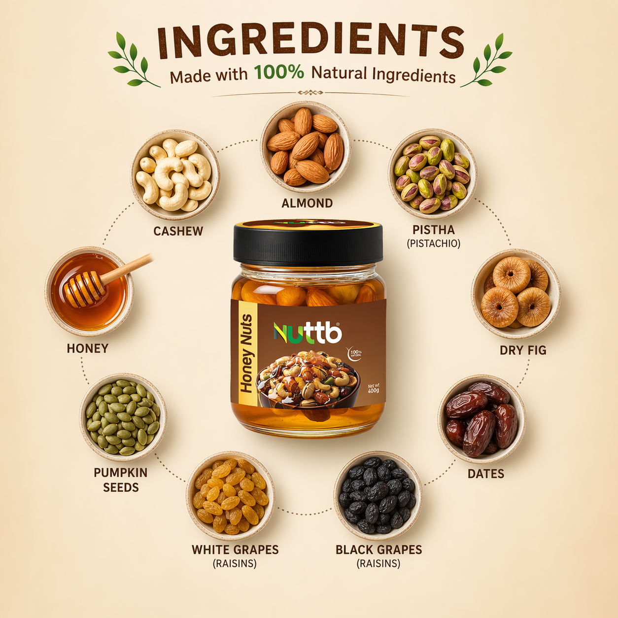 Nuttb Honey Nuts 400 g-Healthy Mixed Dry Fruits And Nuts
