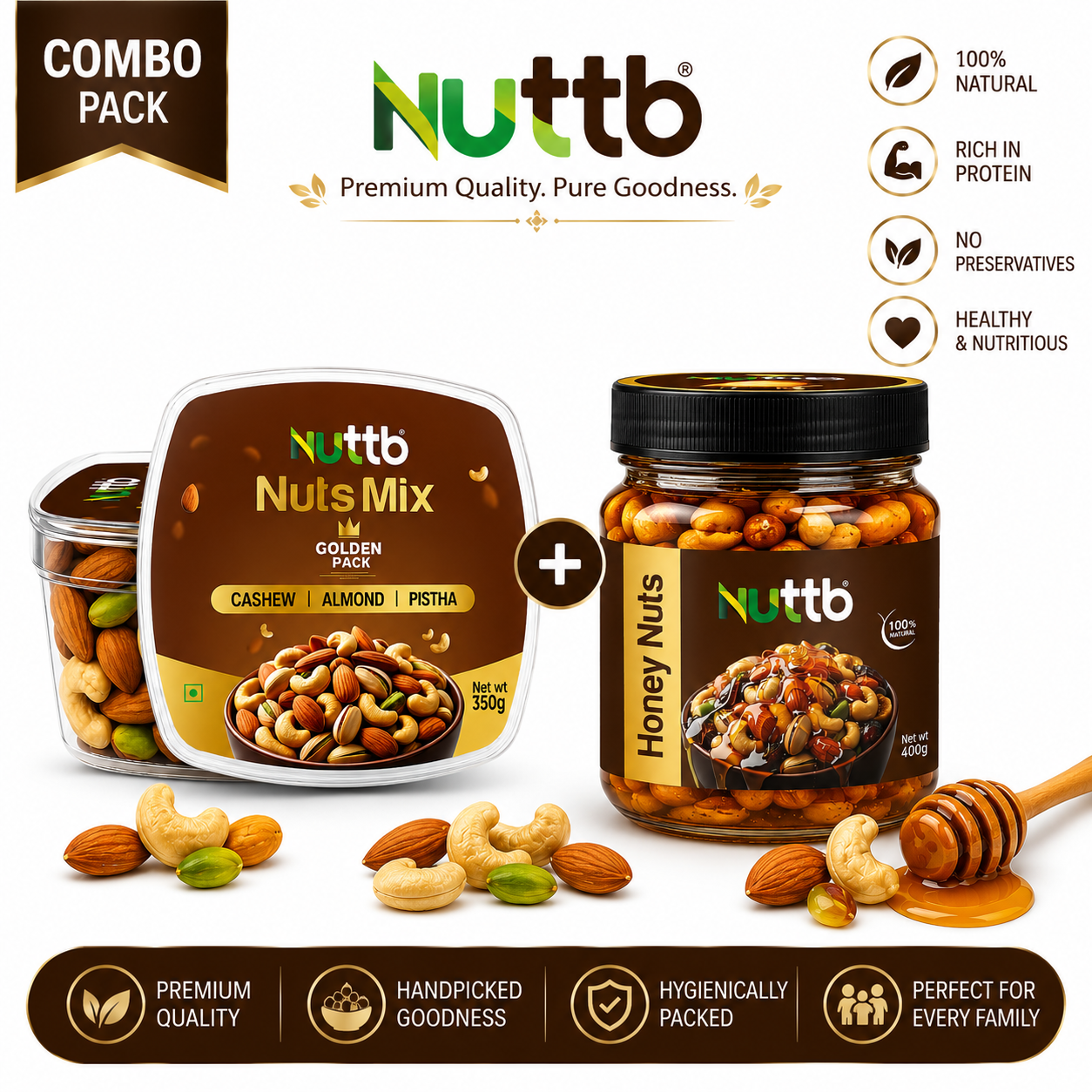 Nuttb Combo Pack – Premium Honey Nuts (400 g) & Golden Dry Nuts Mix (350 g) | Healthy Snack | Natural Protein & Energy Boost