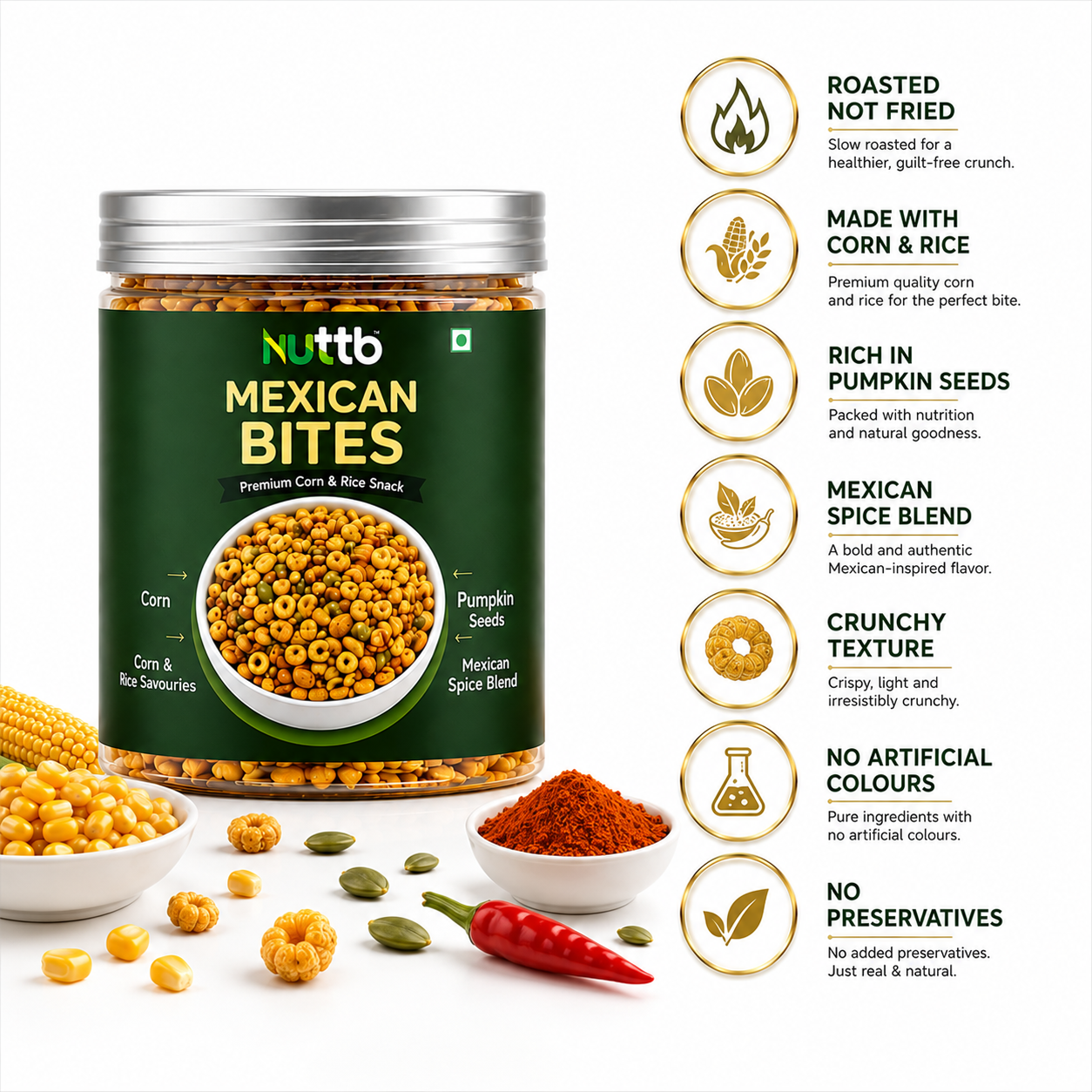 Nuttb Mexican Bites | Premium Corn & Rice Snack with Pumpkin Seeds