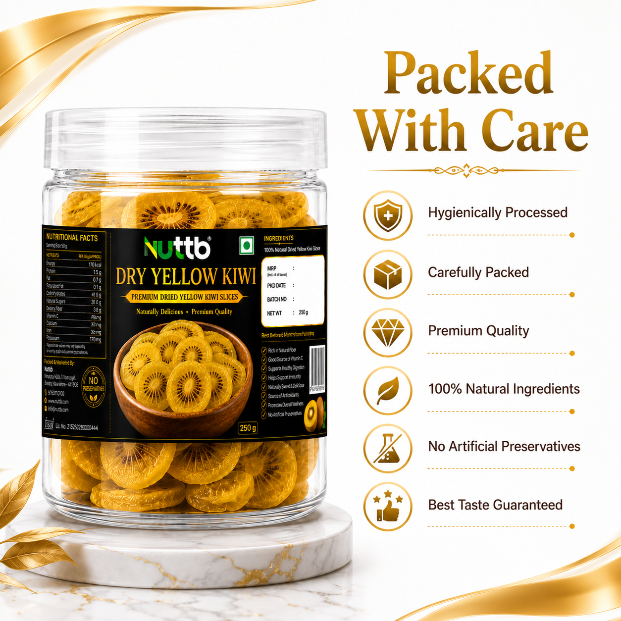 Nuttb Dry Yellow Kiwi 250g | Premium Dried Yellow Kiwi Slices | 100% Natural | Rich in Vitamin C & Dietary Fiber | Healthy Snack | No Artificial Preservatives | Ready to Eat