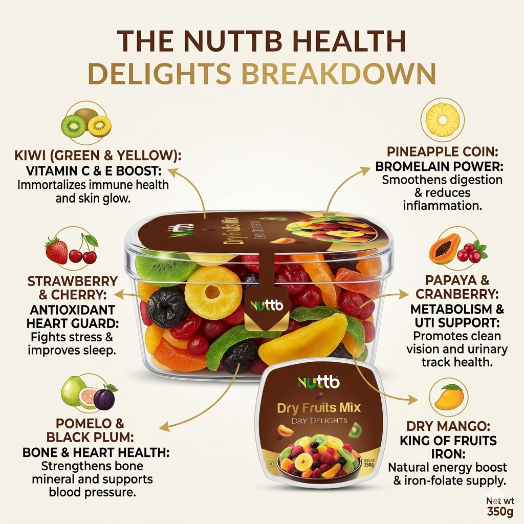 Nuttb Premium Dry Fruits Mix – Kiwi, Strawberry, Cherry, Papaya, Cranberry & Pineapple | Healthy Natural Fruit Blend 350g