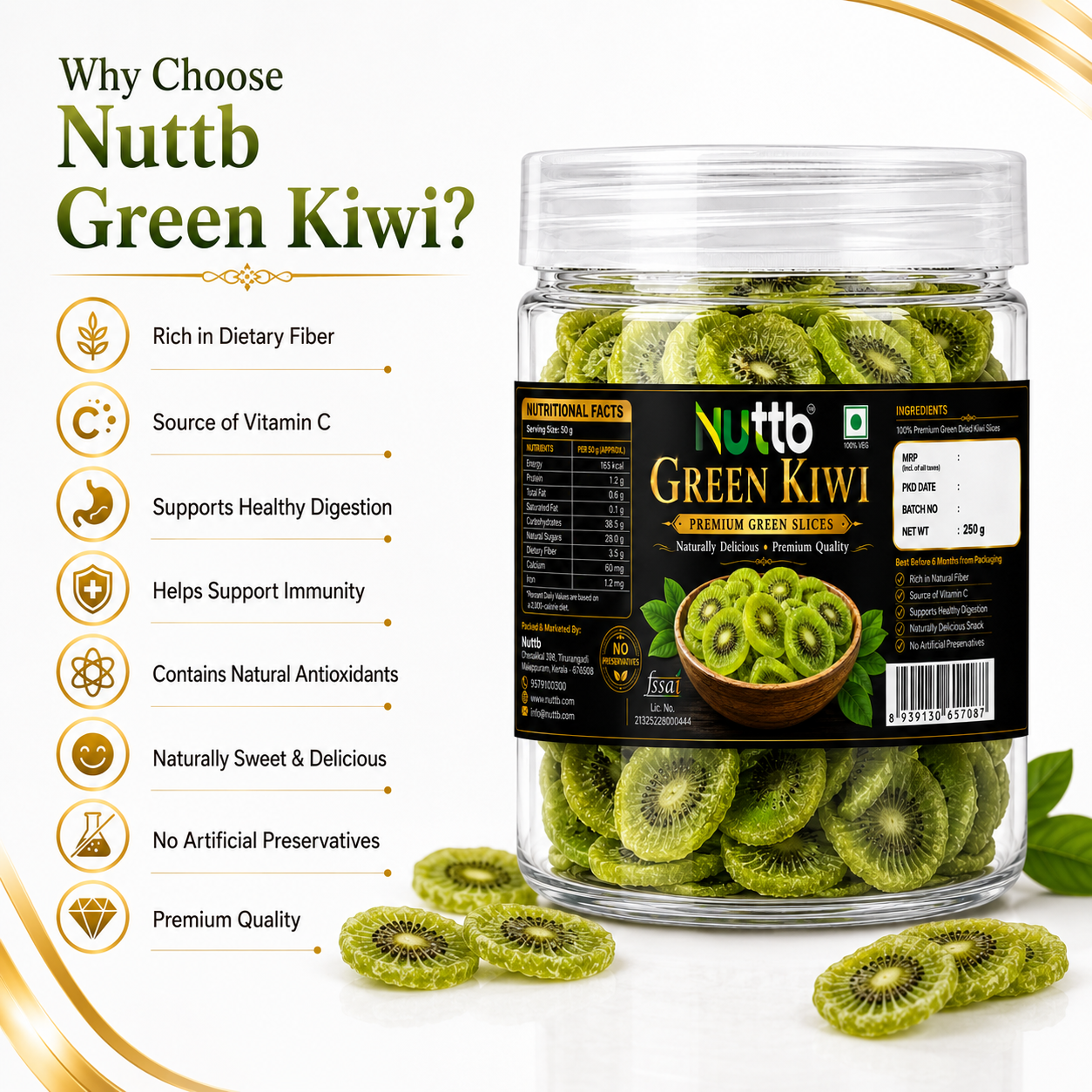 Nuttb Green Kiwi 250g | Premium Dried Green Kiwi Slices | 100% Natural | Rich in Dietary Fiber & Vitamin C | Healthy Ready-to-Eat Snack | No Artificial Preservatives