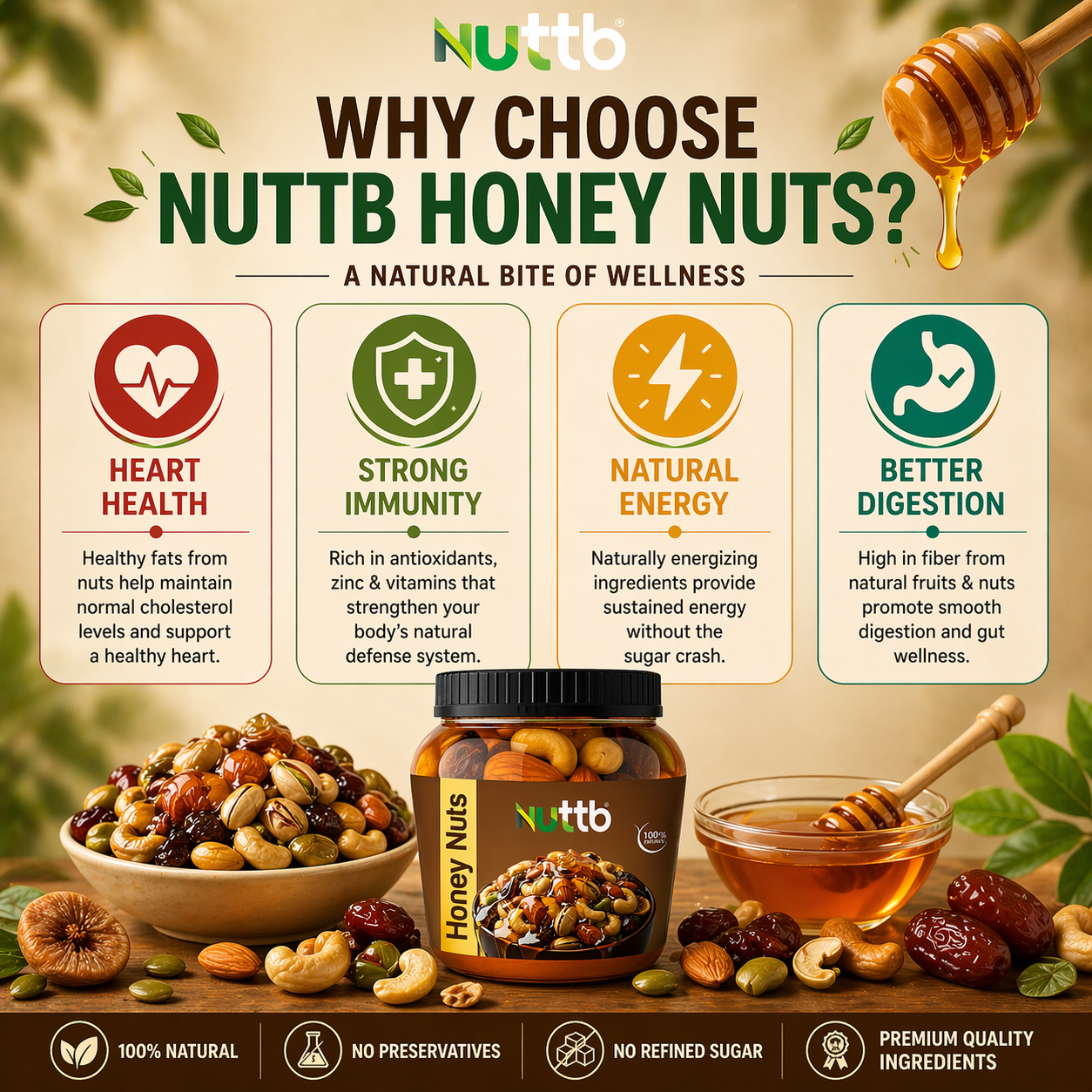 Nuttb Honey Nuts 250g – Premium Cashew Almond Pistachio Mix with Pure Honey