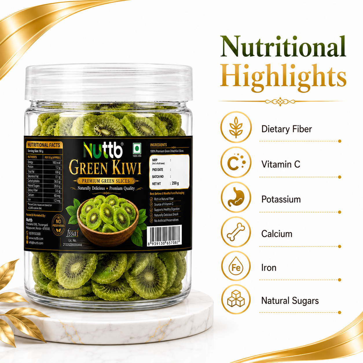 Nuttb Green Kiwi 250g | Premium Dried Green Kiwi Slices | 100% Natural | Rich in Dietary Fiber & Vitamin C | Healthy Ready-to-Eat Snack | No Artificial Preservatives