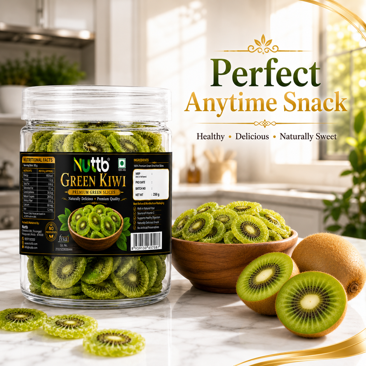 Nuttb Green Kiwi 250g | Premium Dried Green Kiwi Slices | 100% Natural | Rich in Dietary Fiber & Vitamin C | Healthy Ready-to-Eat Snack | No Artificial Preservatives