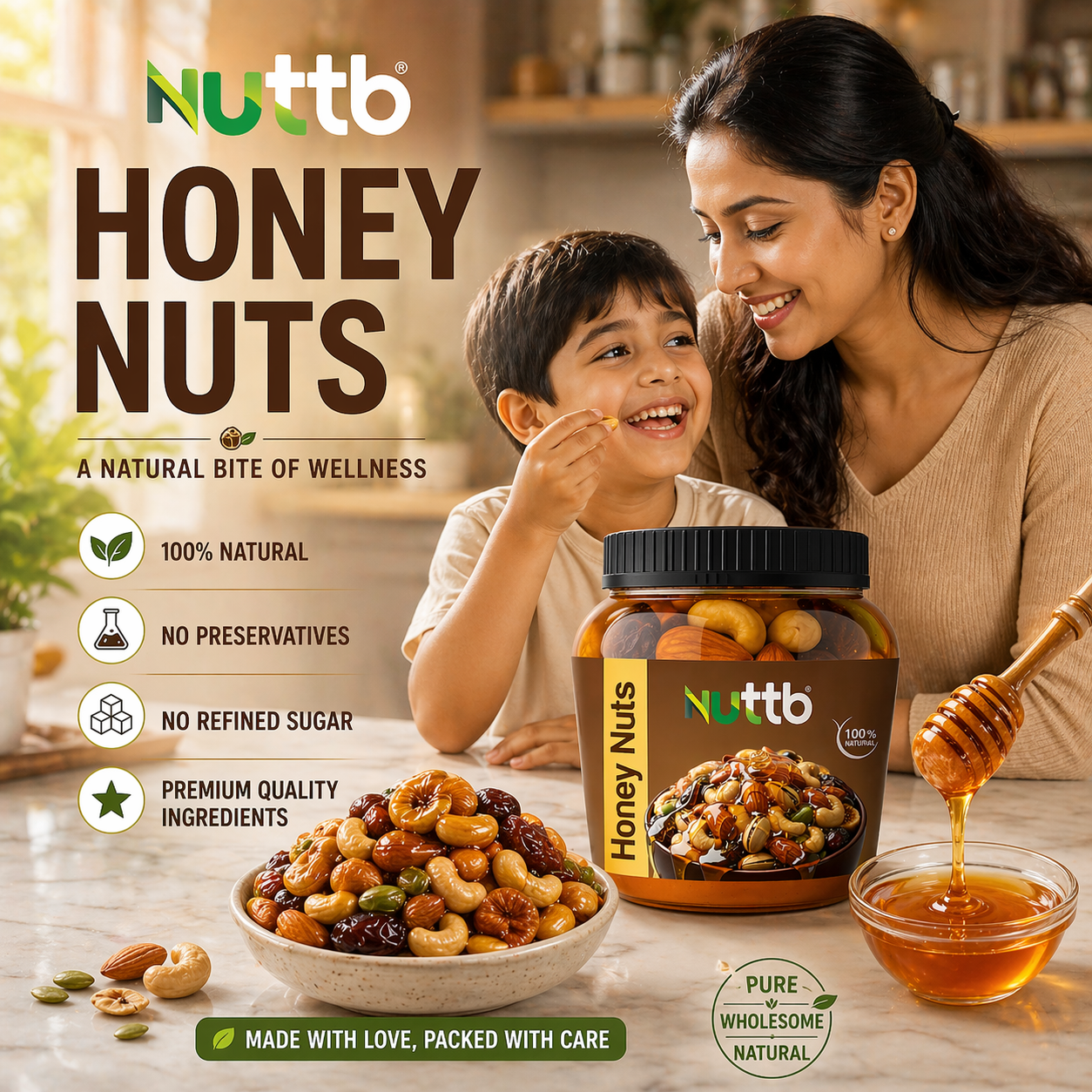 Nuttb Honey Nuts 250g – Premium Cashew Almond Pistachio Mix with Pure Honey