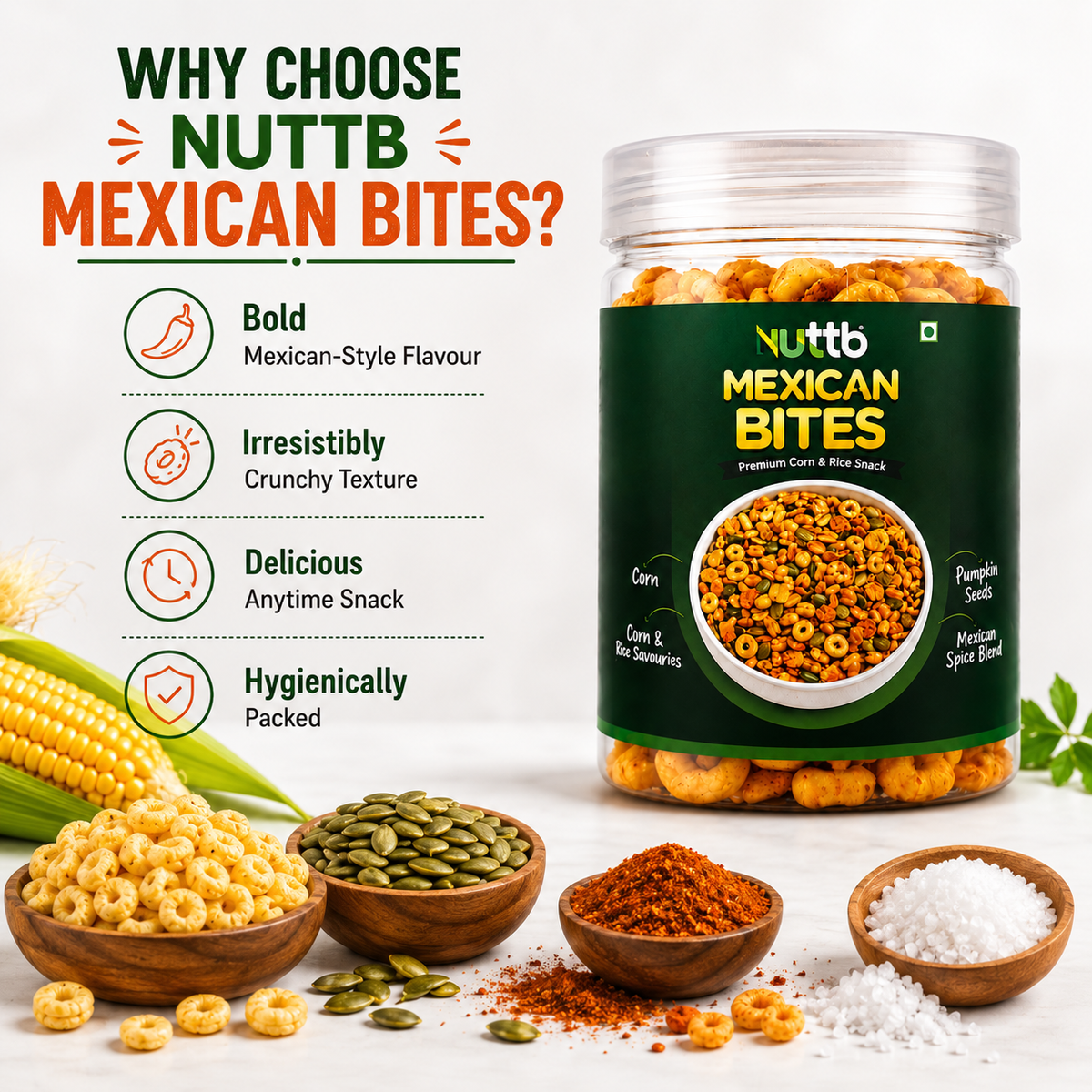 Nuttb Mexican Bites – Corn & Rice Snack with Pumpkin Seeds