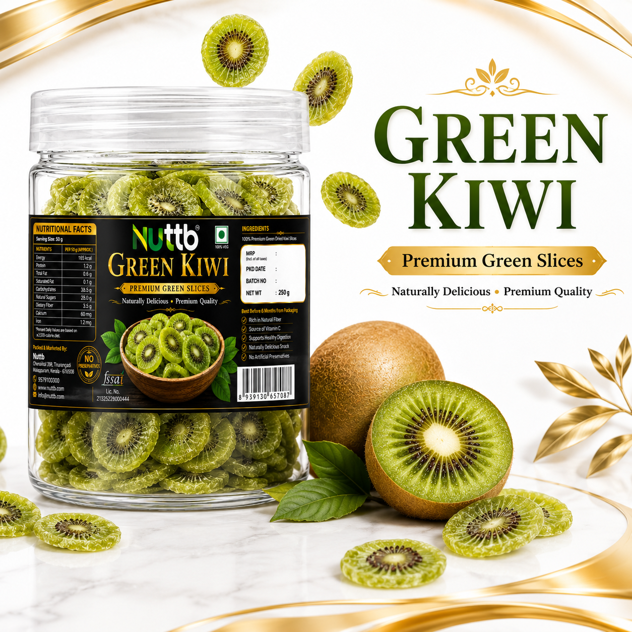 Nuttb Green Kiwi 250g | Premium Dried Green Kiwi Slices | 100% Natural | Rich in Dietary Fiber & Vitamin C | Healthy Ready-to-Eat Snack | No Artificial Preservatives