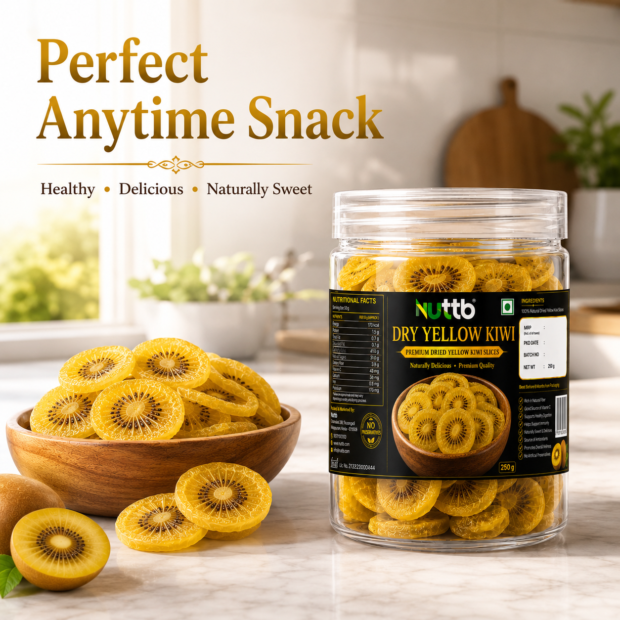 Nuttb Dry Yellow Kiwi 250g | Premium Dried Yellow Kiwi Slices | 100% Natural | Rich in Vitamin C & Dietary Fiber | Healthy Snack | No Artificial Preservatives | Ready to Eat