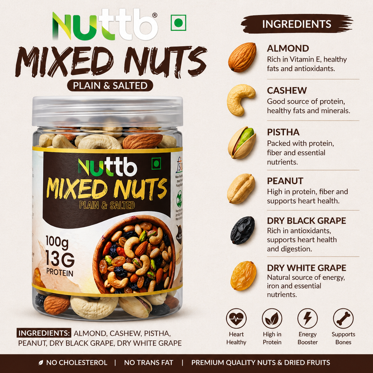 Nuttb Mixed Nuts 250g | Premium Dry Fruits Mix | Almond, Cashew, Pistachio & Raisins | High Protein Healthy Snack | 100% Natural | No Preservatives