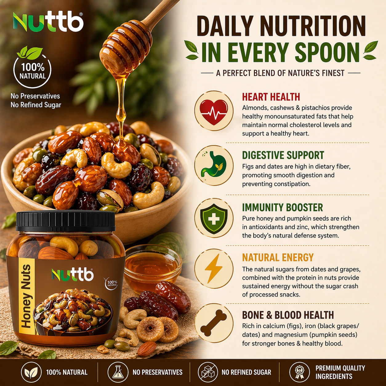 Nuttb Honey Nuts 250g – Premium Cashew Almond Pistachio Mix with Pure Honey