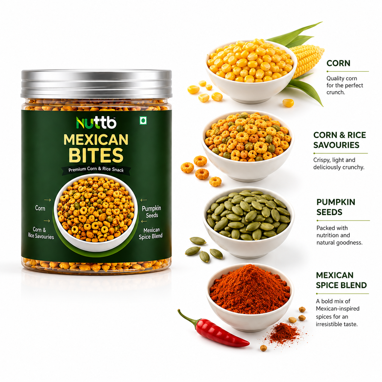 Nuttb Mexican Bites | Premium Corn & Rice Snack with Pumpkin Seeds