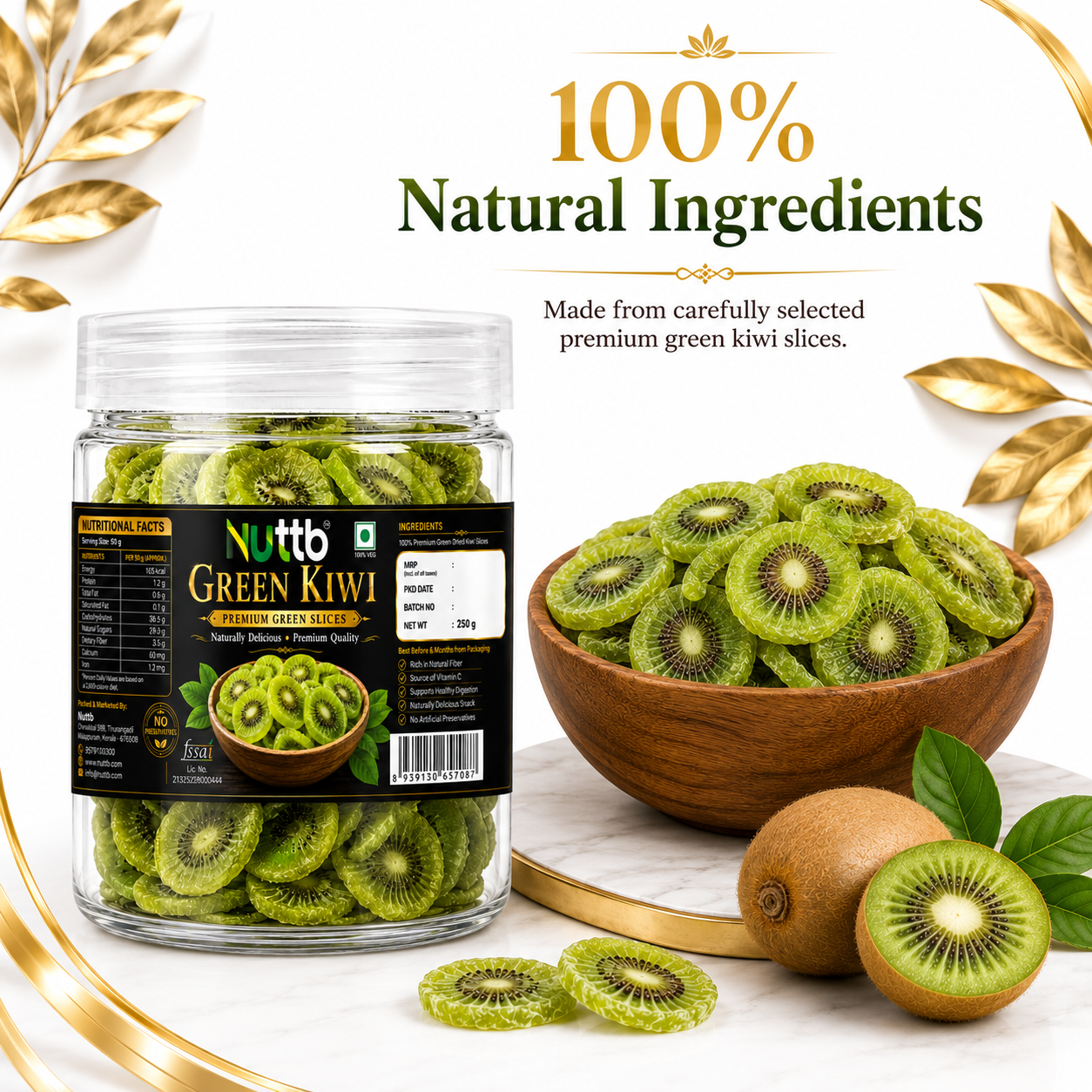 Nuttb Green Kiwi 250g | Premium Dried Green Kiwi Slices | 100% Natural | Rich in Dietary Fiber & Vitamin C | Healthy Ready-to-Eat Snack | No Artificial Preservatives